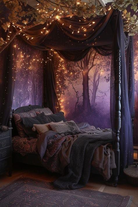 Gothic Canopy Bed Ideas, Purple Witchy Bedroom Ideas, Canopy Bed Curtains Draping, Whimsigoth Bedroom Purple, Dark Purple Bedroom Ideas, Fantasy Bedroom Aesthetic, Elven Bedroom, Avatar Room, Dark Purple Bedroom