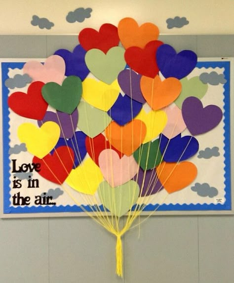 "Love is in the air..." February bulletin board February Bulletin Boards, Valentine Bulletin Boards, Valentines Day Bulletin Board, February Crafts, Preschool Bulletin, Library Bulletin Boards, Preschool Bulletin Boards, Bulletin Board Ideas, Preschool Valentines