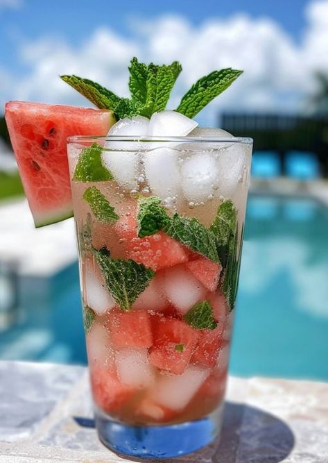 Recipe - COCKTAIL - Tito's Watermelon Coconut Mojito Coconut Mojito Recipe, Cherry Vodka Sour, Vodka Sour, Classic Mojito, Coconut Mojito, Adult Beverages Recipes, Cherry Vodka, Watermelon Mojito, Make Simple Syrup