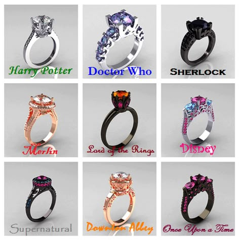 Disney and supernatural ones are so pretty! But for a wedding ring or engagement ring I think Harry Potter one. Fandom Rings, Geek Engagement Rings, Stile Harry Potter, Styling Jewelry, Fandom Jewelry, Jewelry Styling, Accessory Jewelry, Pretty Jewelry, Geek Out