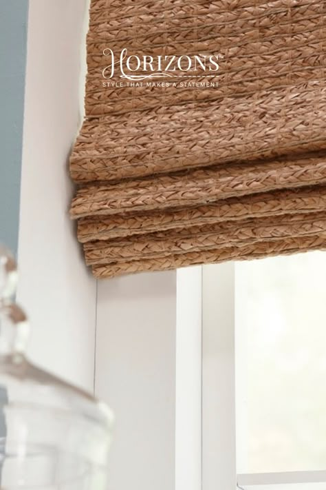 Up close and personal with these textured Natural Woven Shades. Seize the detail with free Horizons shade swatches. 📷 @indigohomeandlife on Instagram Jute Shades Window Treatments, Grass Roman Shades, Spanish Colonial Window Treatments, Jute Roman Shades, Natural Woven Shades Living Room, Wicker Blinds Bamboo Shades, Cordless Woven Shades, Natural Woven Blinds, Jute Blinds Living Rooms