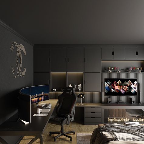 Gamer Room Design Gamer Interior Design, Minimal Game Room, Modern Gamer Bedroom, Gaming Studio Room, Gamer Home Office, Grey Gaming Room, Gaming Room Design Ideas, Gamer Room Design Ideas, Luxury Game Room Design