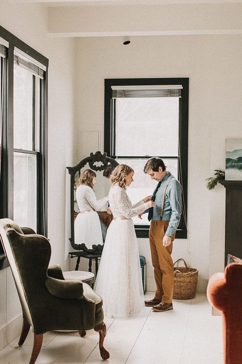 Cozy Catskills Elopement at Kaaterskill Falls | Junebug Weddings Couples Getting Ready Together Wedding, Wedding Couple Getting Ready Together, Getting Ready Wedding Photos Elopement, Couple Getting Ready Together, Kaaterskill Falls, Backyard Event, Cozy Winter Style, Getting Ready Together, Frozen Waterfall