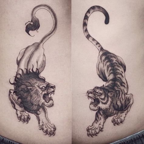 Cute Small Lion Tattoos, Lion And Tiger Drawing, Lion Stretching Tattoo, Lion Tattoo Japanese, Crawling Lion Tattoo, Blackwork Lion Tattoo, Lion Claw Tattoo, Lion Full Body Tattoo, 2 Lions Tattoo