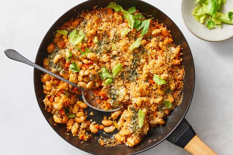 This spicy-tangy vegetarian skillet comes together quickly, helped along by pantry ingredients and a few hardy vegetables Don’t skimp on the butter Classic Buffalo flavor depends on not just the vinegary hot sauce but also a rich butter base Vegetarian Skillet, White Beans Recipe, Chicken Ragu, Easy Grilled Cheese, Tomato Lentil Soup, White Bean Recipes, Creamed Kale, Seared Pork Chops, Slow Cooker Pasta