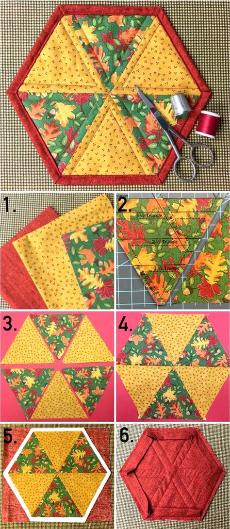 Hexagon Mug Rug - Pattern & Tutorial Hexagon Placemats Tutorials, Hexagon Placemats Patterns, Patchwork Coasters Free Pattern, Patchwork Quilt, Mug Rug Tutorial, Quilted Potholders, Mug Rug Patterns, Hexagon Quilt, Quilted Table Runners