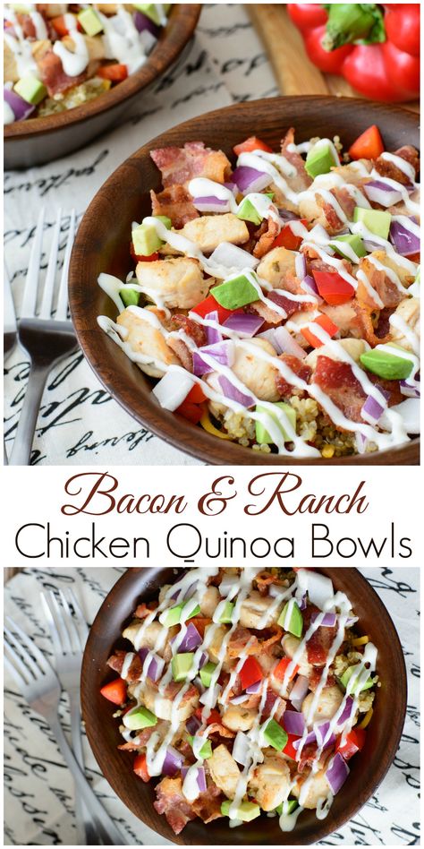 Bacon & Ranch Chicken Quinoa Bowls -- easy to make, naturally gluten-free and full of robust flavor. This delicious lunch bowl is a healthy alternative to fast food and you are sure to love every bite! Bacon Ranch Chicken, Grains Recipes, Grain Salads, Healthy Bowl, Quinoa Bowls, Chicken Quinoa, Lunch Bowl, Chicken Meals, Quinoa Bowl