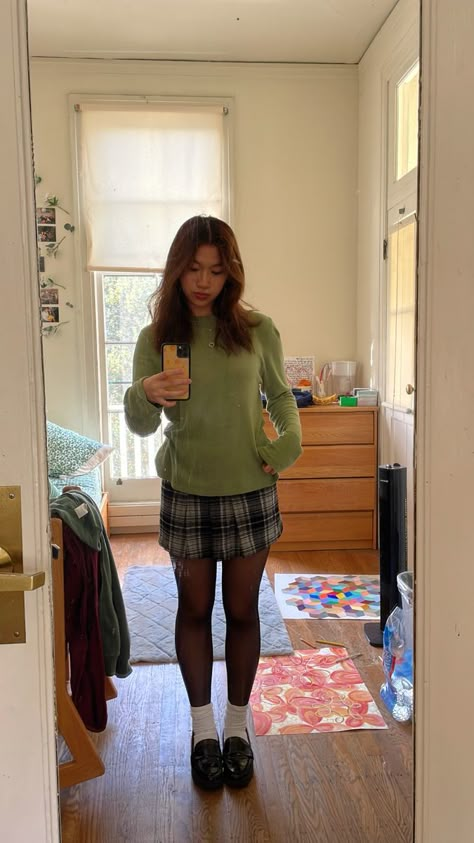 Green Checkered Skirt Outfit, Plaid Skirt Tights Outfit, Plaid Skirt And Loafers Outfit, Green Tartan Skirt Outfit, Chequered Skirt Outfit, Plaid Green Skirt Outfit, Black And White Checkered Skirt Outfit, Green Loafers Outfit, Plaid Skirt With Tights