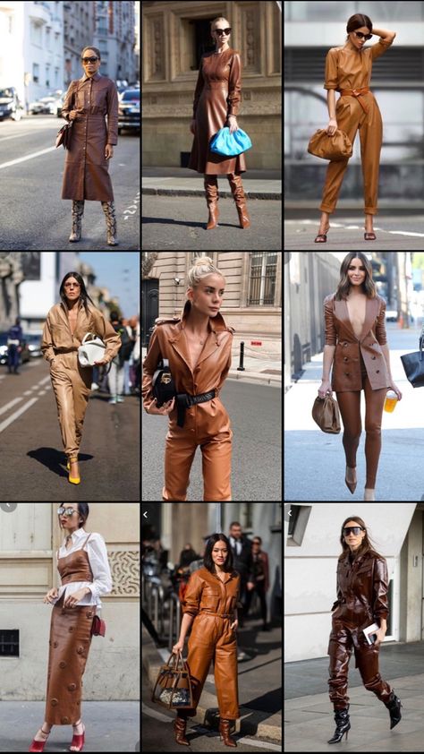 Cognac Leather Pants Outfit, Cognac Leather Pants, Color Leather Pants, Tan Leather Pants, Leather Pants Outfit, Leather Jumpsuit, Style 2023, Streetstyle Fashion, Caramel Color