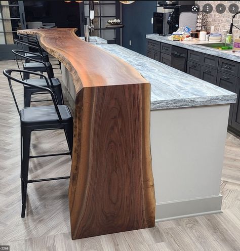 Kitchen Island Waterfall Edge Wood, Live Edge Kitchen Islands, Love Edge Bar Top, Live Edge Waterfall Island, Live Edge Bars, Waterfall Bar Countertop, Live Edge Breakfast Bar, Live Edge Kitchen Countertops, Live Edge Ideas