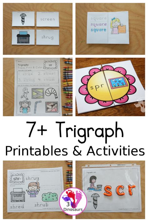 7+ Trigraph Printables & Activities - a collection of trigraph hands-on printables, trigraph cards, trigraph worksheet, trigraph books and more all focusing on the three letter trigraphs sch, scr, shr, spl, spr, squ, str, thr, dge and tch. - 3Dinosaurs.com #3dinosaurs #trigraphs #learningtoread #secondgrade #thirdgrade Trigraphs Worksheets Free, Diagraph Th Activities, Trigraph Word List, Th Digraph Activities, Th Activities Digraph, 3 Dinosaurs, Kids Printables, Homeschool Board, How To Teach Kids