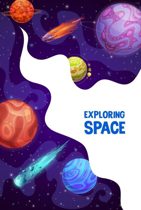 Space exploring poster with planets and asteroids Space Exploration Poster, Poster Science Design Ideas, Space Exploration Aesthetic, Science Poster Ideas, Planets Preschool, Planets Poster, Planet Poster, Ad Ideas, Space Explorer