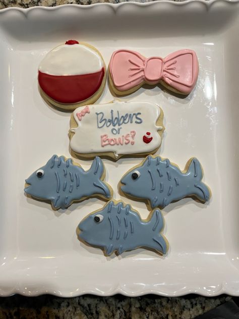 Gender Reveal Ideas August, Bows Or Bobbers, Bobbers And Bows Gender Reveal, Bobbers Or Bows, Bobbers Or Bows Gender Reveal, Fish Gender Reveal Cookies, Fishing Theme Gender Reveal, Gender Reveal Fishing Theme, Gender Reveal Sugar Cookies