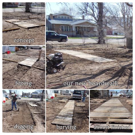 We made a "boardwalk" through the two gardens - using FREE pallets from our lumber yard! Total cost of project...less than 10 bucks! Pallet Boardwalk, Slope Steps, Yard Transformation, Garden Walkways, Lumber Yard, Beach Backyard, Free Pallets, Wooden Walkways, Backyard Beach