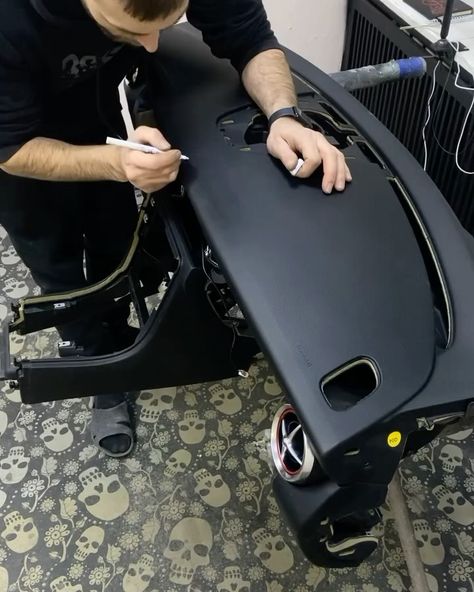 The Hog Ring | Auto Upholstery | Watch @ministudio_vir1709 in action as he wraps this steering wheel in black leather with red stitching. Follow @ministudio_vir1709 for… | Instagram Auto Upholstery, Car Upholstery, Leather Wraps, Leather Working, Leather Craft, Car Interior, Hot Rods, Steering Wheel, Upholstery