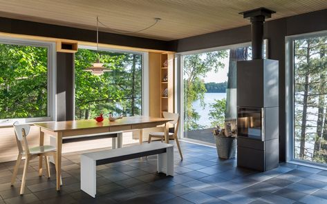 Salmela Architect, White Window Trim, Hanging Fireplace, Lakeside Cabin, Lakeside Living, Storey Homes, Modern Windows, Modern Fireplace, Modern Cabin