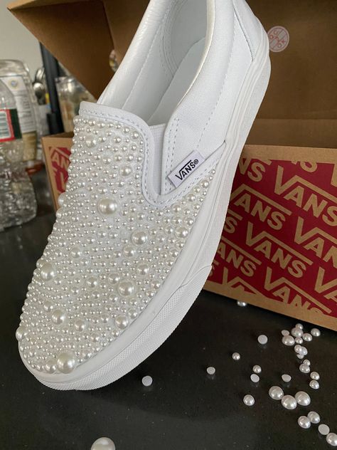 Pearl Vans Wedding, Pearl Vans, Wedding Vans Shoes, Wedding Reception Shoes, Wedding Vans, 2023 Wardrobe, White Slip On Vans, Reception Shoes, Studded Shoes