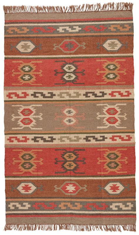 Rich tones and a captivating geometric design combine to create this Southwestern-style area rug. This flatweave jute layer showcases red, gold, rose, and green hues, accented by textured fringe along the edges for an eclectic and subtly rustic look. Reversible Style: hand-woven construction offers a reversible style E Rust Rug, Jaipur Rugs, Kilim Pattern, Traditional Kilim, Jaipur Living, Jute Area Rugs, Gold Rug, Rug Direct, Vintage Eclectic