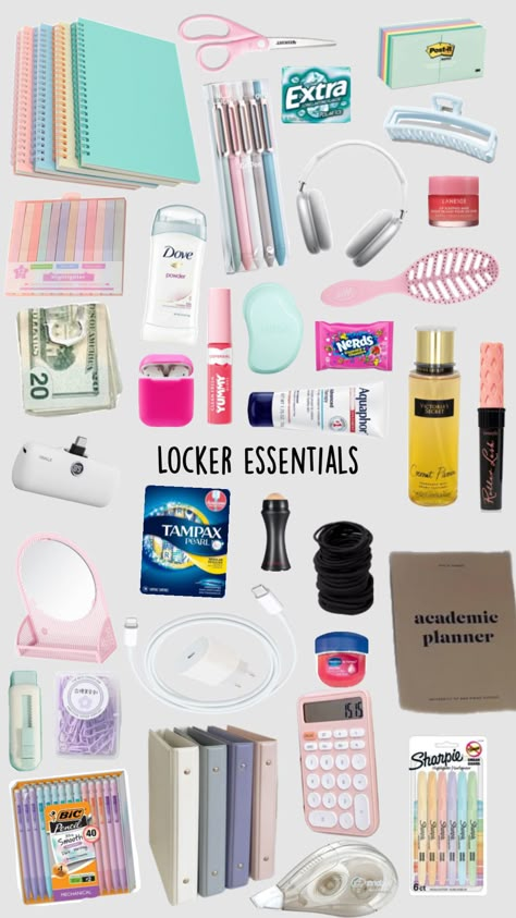 Back to school locker essentials School Locker Essentials, Locker Essentials, Tampax Pearl, Middle School Essentials, School Emergency Kit, School Backpack Essentials, Preppy School Supplies, School Routine For Teens, Locker Organization