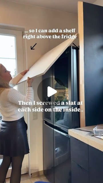 DIY with WOOD | Babette vd Nieuwendijk on Instagram: "Kitchen make-over on a budget? 💰Then keep watching because I am tackling my outdated kitchen step-by-step! 💪🏻

Today I show you how I replaced my tiny fridge with a bigger one and made it look like a build-in 🤩 and honestly, it is much easier than you think! 👌

Make sure to leave a gap in the back or some holes and sufficient space at the sides to make sure that the heat can go out 💡

I love the look of built in fridges, but they’re so expensive, especially when you are looking for a bigger size! 😅

For this DIY I upcycled the wood of the kitchen cupboards that I took out, so the only costs I had were the hardware and the paint 😃

I call that a win 😁😁

#diybuiltins #diykitchen #diykitchens #kitchenmakeover #diyküche #diykeuken Refrigerator Handles Diy, Kickboards Kitchen, Over The Fridge Cabinet, Diy With Wood, Hidden Fridge, Over The Fridge, Above The Fridge, Tiny Fridge, Outdated Kitchen