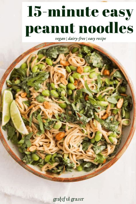 No time to cook? Try these quick and easy peanut noodles with plant-based protein from edamame. #GratefulGrazer #peanutnoodles #vegan #plantbased Noodles With Spinach, Edamame Noodles, Healthy Eating Lunch, Peanut Noodles, Plant Based Dinner, Healthy Family Dinners, Cooked Veggies, Vegetarian Recipes Easy, Peanut Sauce