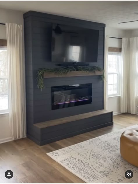 Shiplap Fireplace Grey, 8ft Fireplace Wall, Simple Fireplace Wall Ideas, Fireplace Mantle Hide Electronics, Black Brick Electric Fireplace, Accent Walls In Living Room With Electric Fireplace, Fireplace Tv Wall Playstation, Bedroom Fireplace Wall With Tv, Fireplace Tv Wall Between Windows