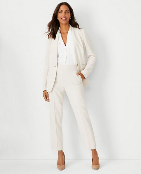 Olivia's Picks | Ann Taylor Winter White Suits For Women, Women’s Suits For Wedding Guest, Cute Business Attire For Women, Collarless Blazer Women, Tailored Jackets For Women, Women’s Pant Suits, Women’s Business Wear, Formal Suits For Women Business Professional, White Blazer Work Outfit