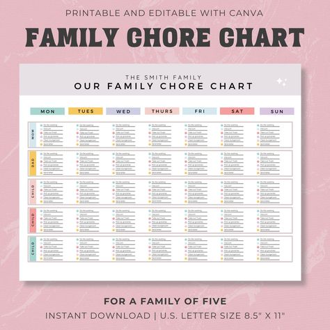 Are you looking for a way to keep your family organized and on track? Do you feel like you're always scrambling to keep up with their cleaning schedule? Well, look no further! Our downloadable chore chart can help you out big time! This easy-to-use chart is perfect for families of all sizes. You can customize it to fit your needs. Whether you have kids or adults in your home, this chore chart is perfect for you! Not to mention, it's also very easy to edit. So if you ever need to make any changes Weekly House Chores, Planner Cleaning Schedule, Cleaning Schedule Weekly, Family Chore Chart, Chore List For Kids, Planner Cleaning, Family Chore Charts, Cleaning Planner, House Chores