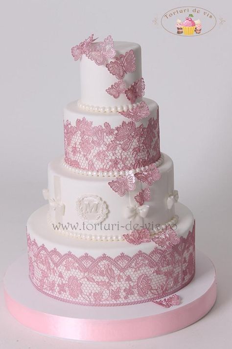 Cake With Lace, Lace Cakes, Butterflies Pink, Lace Cake, Big Wedding Cakes, Edible Lace, Wedding Cake Recipe, Lace Wedding Cake, Tiramisu Cake