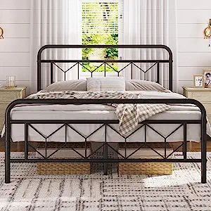 Topeakmart Queen Size Vintage Metal Bed Frame with Headboard/Mattress Foundation/No Box Spring Needed/Under Bed Storage/Strong Slat Support Black Vintage Metal Bed Frame, Black Twin Bed Frame, Vintage Metal Bed, Pattern Headboard, Black Queen Bed, Full Size Bed Frame, Single Bed Frame, Full Bed Frame, Double Bed Frame