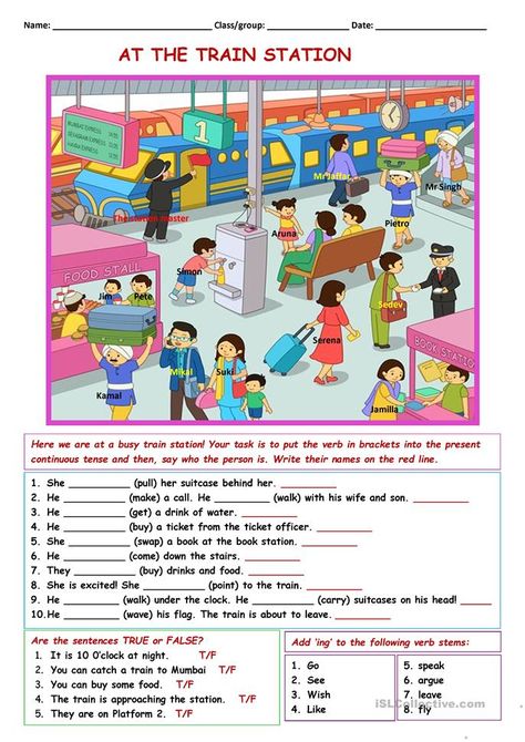 Picture description exercise: at the train station - English ESL Worksheets for distance learning and physical classrooms Picture Story Writing, English Language Learning Activities, Picture Comprehension, Reading Comprehension For Kids, Present Continuous Tense, Reading Comprehension Kindergarten, Present Continuous, English Teaching Materials, Picture Composition