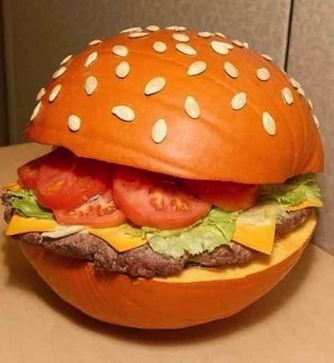 Turn a basic pumpkin into a totally-not-basic burger. | 21 Clever Ideas To Vastly Improve Your Halloween Pumpkins Awesome Pumpkin Carvings, Unique Pumpkin Carving Ideas, Pumkin Carving, Pumpkin Carving Contest, Creative Pumpkin Carving, Amazing Pumpkin Carving, Pumpkin Contest, Image Halloween, Pumpkin Carving Designs