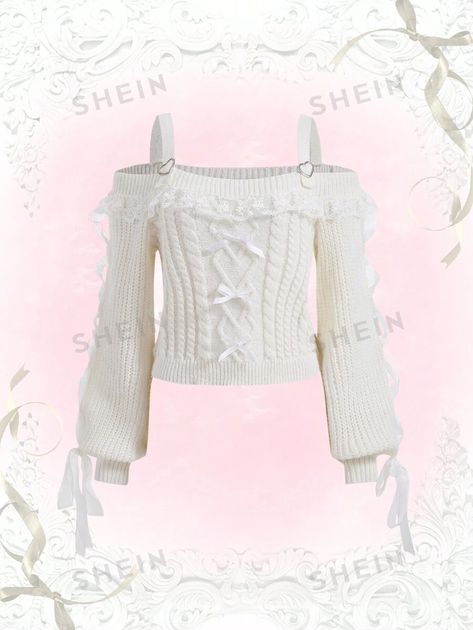 ROMWE Kawaii Plus Cold Shoulder Ruffle Trim Bow Front Sweater | SHEIN USA Shein Kawaii Outfits, Romwe Kawaii, Kawaii Sweater, Plus Size Pullover, Style Kawaii, Cold Shoulder Lace, Kawaii Fashion Outfits, Bow Decor, Women Sweaters