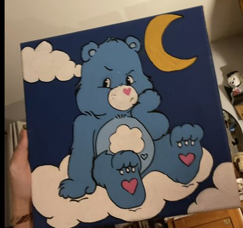 Heart carebear clouds moon cute paintings acrylic paint drawing Grumpy Care Bear Painting, Painting Ideas Easy Simple Cartoon, Disney Room Art, Grumpy Bear Drawing, Grumpy Bear Painting, Carebears Painting Ideas, Grumpy Care Bear Drawing, Care Bears Drawing Easy, Cute Paintings Disney