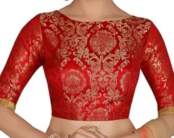 Buy Red Boat Neck Brocade Banarsi Blouse Indian Blouse Designer Online in India - Etsy Red Brocade Blouse Designs, Elbow Sleeves Design For Blouse, Red Brocade Blouse, Banarsi Blouse, Boat Neck Saree Blouse, Print Blouse Design, Red Blouse Design, Full Sleeves Blouse Designs, Brocade Blouse Designs