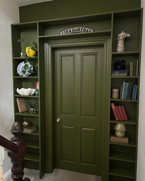 Green painted custom shelves built around newly renovated doorway. Mdf Shelving, Bookshelf Makeover, Green Painted Furniture, Nashville Art, Staircase Landing, Entryway Style, Time Painting, Historic Home, Unusual Design