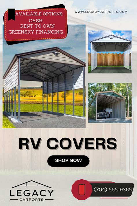 Pin Your RV Dreams: Keeping Your Home on Wheels Safe and Stylish with our RV Covers! Shop now via our website or contact us at (704) 565-9365 #legacycarports #RVcovers Rv Covers With Decks, Metal Rv Carports, Rv Shop, Rv Carports, Rv Covers, Rv Dreams, Rv Cover, Carport Designs, Home On Wheels