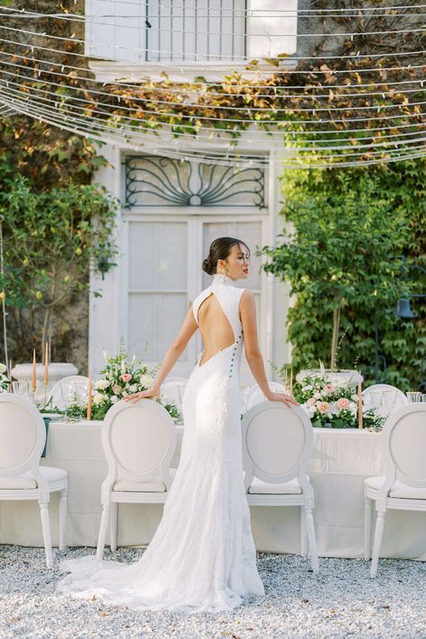 Cheongsam Inspired Wedding Dress, White Cheongsam Wedding Dress, White Qipao Wedding Dress, Chinese Wedding Cheongsam, White Chinese Wedding Dress, Japanese Wedding Dress Modern, Chinese Tea Ceremony Dress, White Qipao, Bridal Picnic