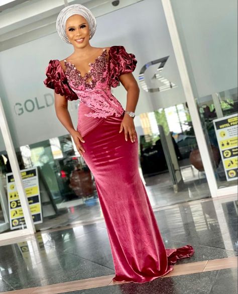 #nigeria #nigerianwedding #nigeriandressstyles #bellanaijaweddings #bellanaija #asoebi #asoebibella Plus Size Evening Wear, Lace Asoebi Styles, Embroidery Gown, Prom Dress Mermaid, Nigerian Lace Styles, African Styles, Velvet Dress Designs, Lace Gown Styles, Nigerian Lace