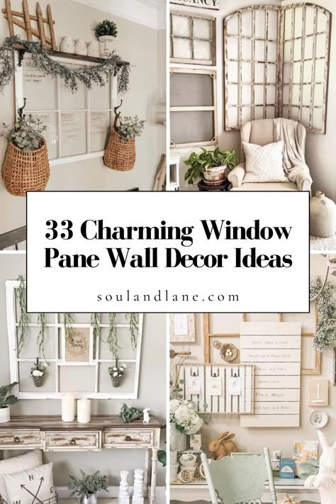 Dive into the timeless beauty of window pane wall decor, a creative endeavor that brings a piece of history and elegance into your home. Picture old window frames converted into artful displays for pressed flowers, vintage lace, or hand-painted scenes. Or imagine a paneled glass artwork that segments colorful landscapes or abstract art, offering a new perspective on traditional wall art. These window pane ideas are perfect for adding a touch of whimsy and nostalgia, creating a home that feels bo Old Windows Wall Decor, Antique Window Frame Ideas Diy Projects, Vintage Window Wall Decor, Old Window Collage Wall, Large Window Pane Ideas Wall Decor, 12 Pane Window Ideas, Pictures On Paneled Walls, Window Frame Wall Decor Living Room, Vintage Window Decor Ideas