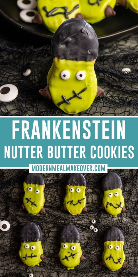 Halloween Frankenstein Nutter Butter Cookies Frankenstein Cookies, Frankenstein Cookie, Cute Frankenstein, Pb Cups, Nutter Butter Cookies, Monster Halloween, Nutter Butter, Dipped Cookies, Donut Holes