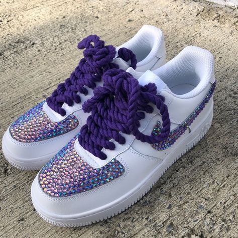 Air Force One With Unicorn Bling and Rope laces Shoes With Rope Laces, Bling Air Force 1, Blinged Shoes, Air Force 1 Rope Laces, Sneakers Inspiration, Bedazzled Stuff, Mermaid Shoes, Sneaker Ideas, Bedazzled Shoes