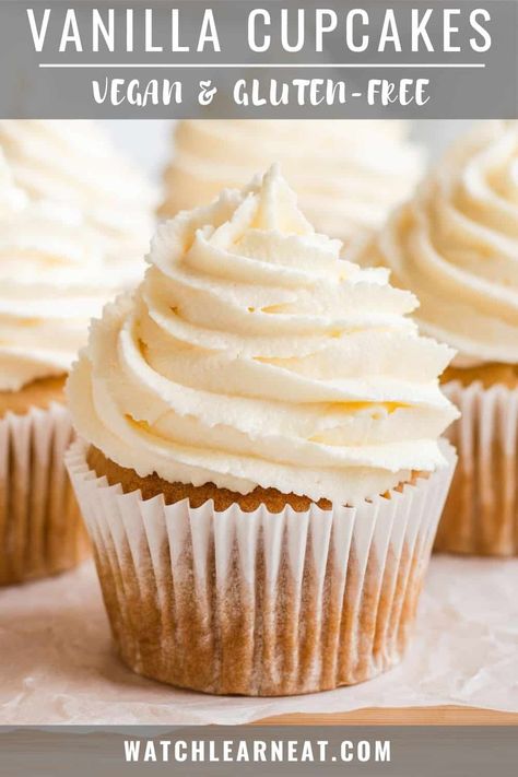 These light and fluffy dairy-free vanilla cupcakes are perfect for any occasion! Ice them with your favorite frosting and add toppings of your choice. They're both vegan and gluten-free too. #veganrecipes #dairyfreerecipes #glutenfreeveganrecipes #glutenfreedairyfreerecipes Egg Free Cupcakes, Vegan Gluten Free Cupcakes, Gluten Free Cupcake Recipe, Vegan Cupcake Recipes, Dairy Free Cupcakes, Vegan Gluten Free Cake, Vegan Vanilla Cupcakes, Gluten Free Cupcakes Vanilla, Gluten Free Cupcakes