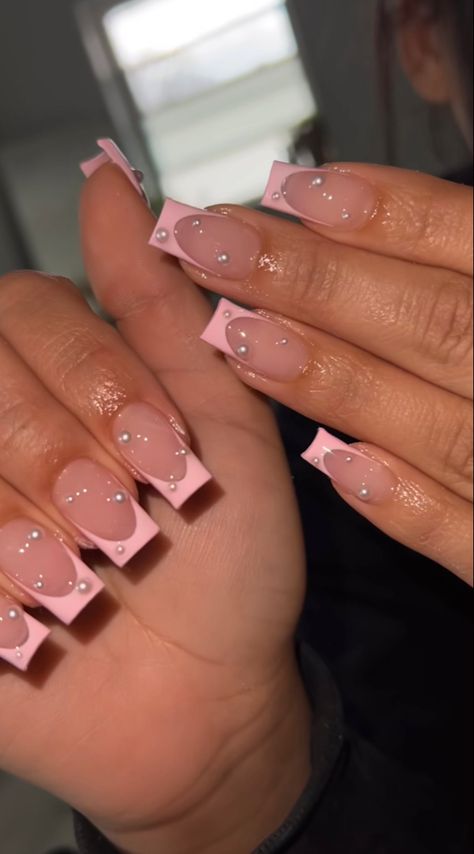 Acrylic Nails Ideas Mid Length, Nails Acrylic That Go With Everything, Pink Shirt French Tip, White Collared Shirt Outfit Summer, Pink French Nails With Pearls, Pink French With Pearls, Badazled Nails, Graduation Nails Short Square, Short Summer French Tip Nails