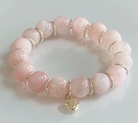 "💎 Rose Quartz Bracelet, Natural Rose Quartz. Stretch Bracelet, Love Bracelet, Rose Quartz Jewelry. Natural rose quartz stretch bracelet with silver spacers and 925 sterling silver heart shaped charm. Made with high-quality elastic stretch cord for easy on and off. Please read wrist measuring instructions below before placing order. WRIST MEASUREMENT How To Select The Right Size Bracelet: Wrap a flexible measuring tape around the smallest part of your wrist then add half an inch. I Stretch Beaded Bracelets Diy, Pink Quartz Bracelet, Rose Quartz Bracelet Beads, Rose Quartz Healing, Rose Quartz Jewelry, Turquoise Bead Bracelet, Rose Quartz Bracelet, Beads Bracelet Design, Silver Jewelry Design