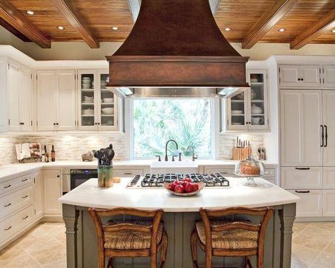 Island With Stove, Antique Kitchen Cabinets, Kitchen Hood Design, Kitchen Vent Hood, Kitchen Vent, Kitchen Range Hood, Kitchen Remodel Design, Rustic Kitchen Design, Kitchen Hoods