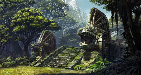 Jade City, Aztec Temple, Jungle Temple, Aztec Culture, Aztec Art, Fantasy City, Fantasy Setting, Fantasy Places, Matte Painting