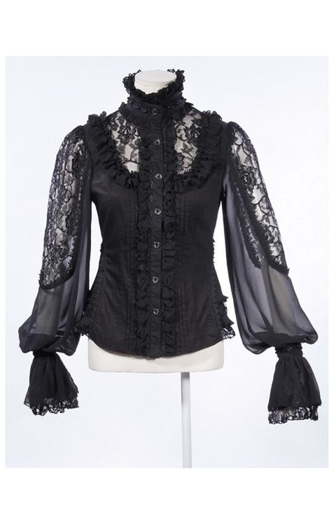 RQBL Gothic Belladonna Blouse Gothic Blouse, Victorian Blouse, Gothic Tops, Dressy Blouse, Lace Inset, Moda Vintage, Gothic Outfits, Black White Fashion, Lace Shirt