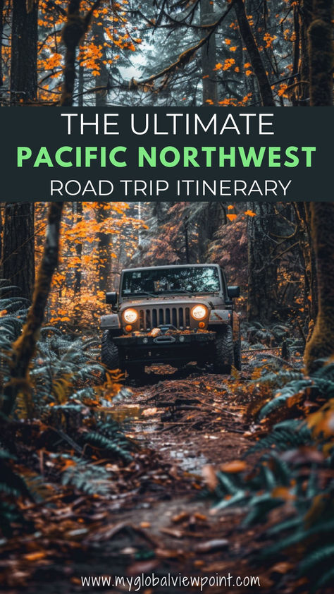 A Jeep driving through a forest with autumn leaves, representing the ultimate Pacific Northwest road trip itinerary. Ideal for planning a Northern California road trip itinerary or a scenic Pacific Highway road trip. Pnw Road Trip Itinerary, Pacific Northwest Road Trip, Northwest Road Trip, Northern California Coast, Oregon Road Trip, Trip Itinerary, California Coast, Road Trip Itinerary, Coastal Towns