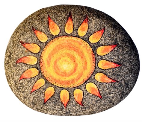 Rock Painting Sun, Orange Painted Rocks Ideas, Orange Rock Painting, Sunrise Painted Rocks, Sunshine Painted Rocks, Painted Rocks Sun, Sun Drawing, Peace Pole, Garden Rock Art